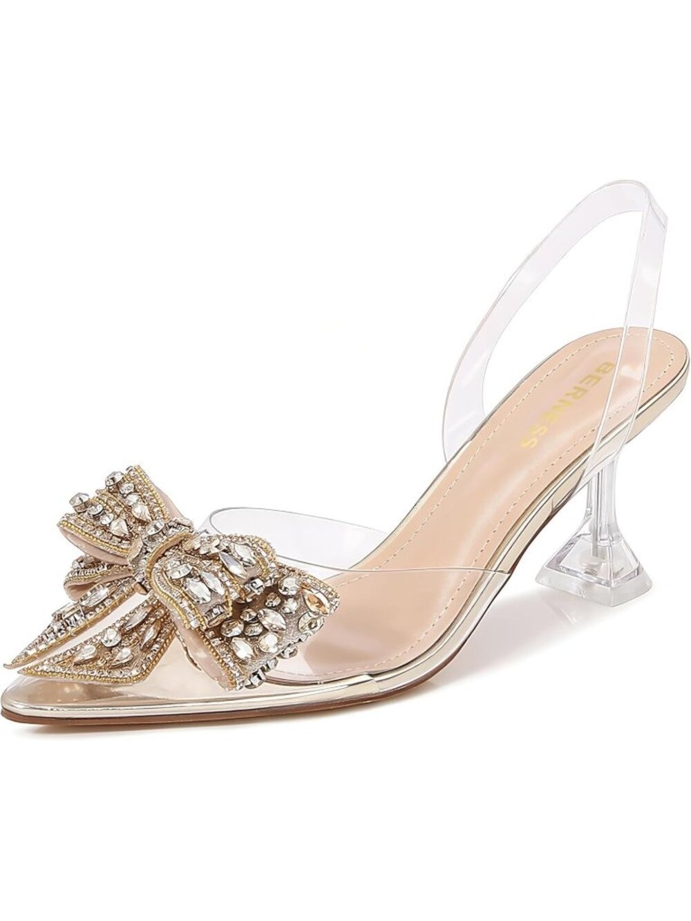 Women's Gold Crystal Bow Clear Slingback Pointed Closed Toe Comfortable Heels